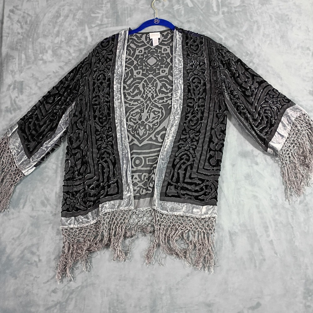 Chicos Collection Silk Blend Burnout Velvet Kimono Wrap Fringe Grey Black S/M